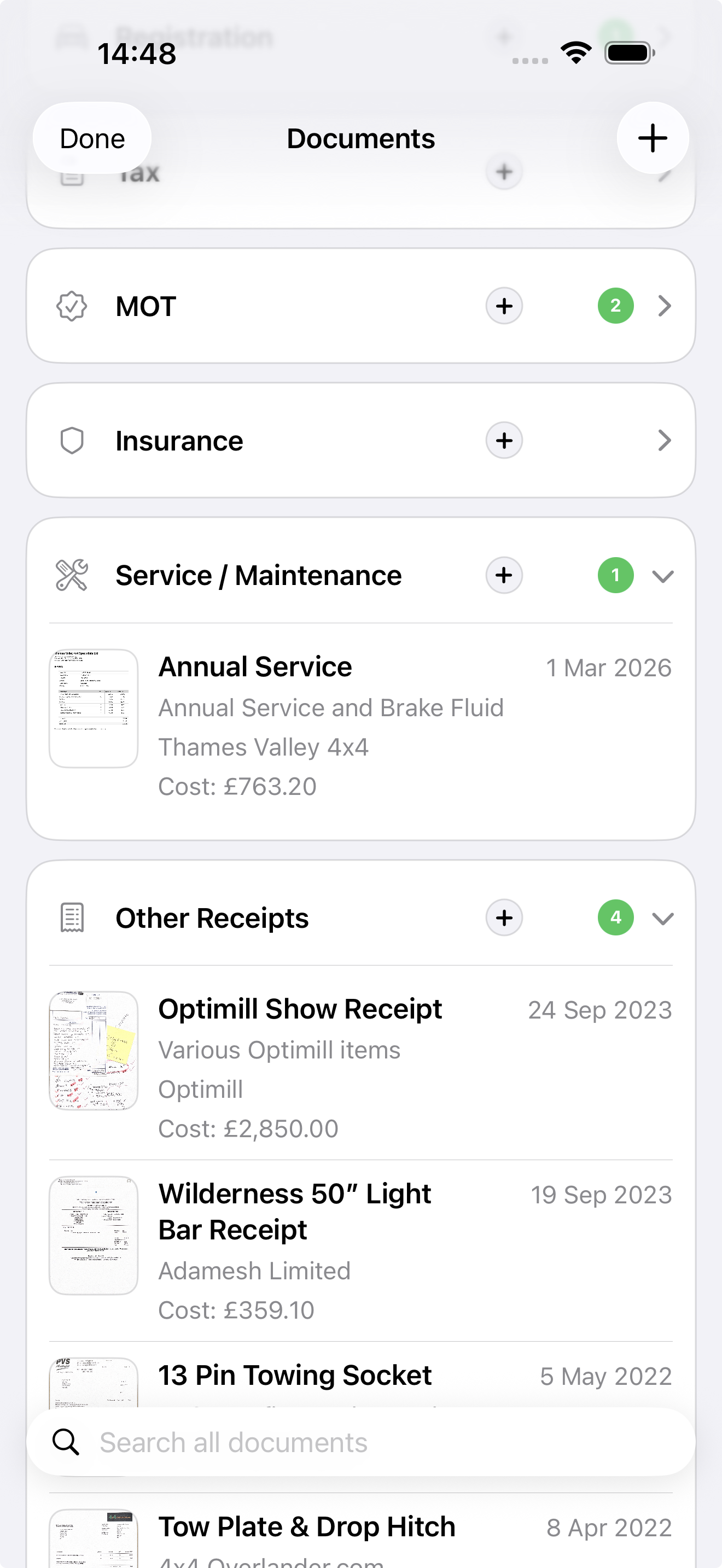 Documents screen on iPhone